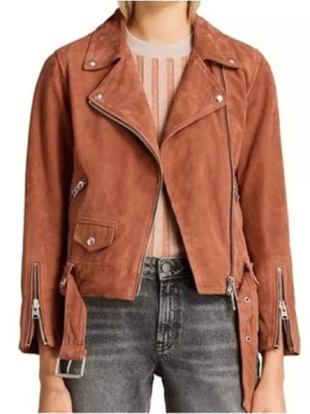 AllSaints Cole Suede Biker Jacket Tan Brown Size 6 100% Goat Leather Moto Boho
